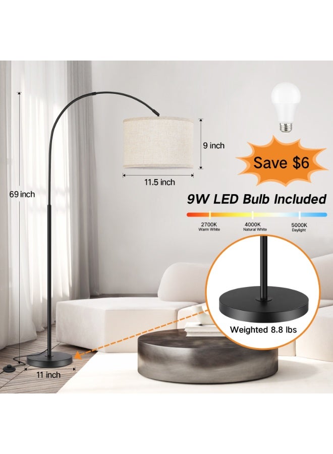 OUTON Modern style curved floor lamp, modern eye-friendly floor lamp, modern floor lamp, linen lampshade, 3 color temperature adjustable, 175CM height, adjustable lampshade angle, suitable for living room, bedroom or office, includes 9W LED bulb, black (with British plug). - Image 2